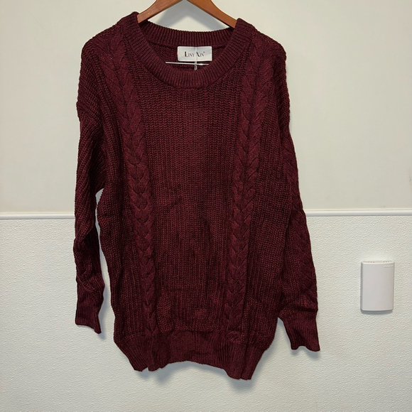 Liny Xin Women’s Burgundy Cable Knit Sweater NWT Medium Slightly Oversized New - Picture 6 of 8